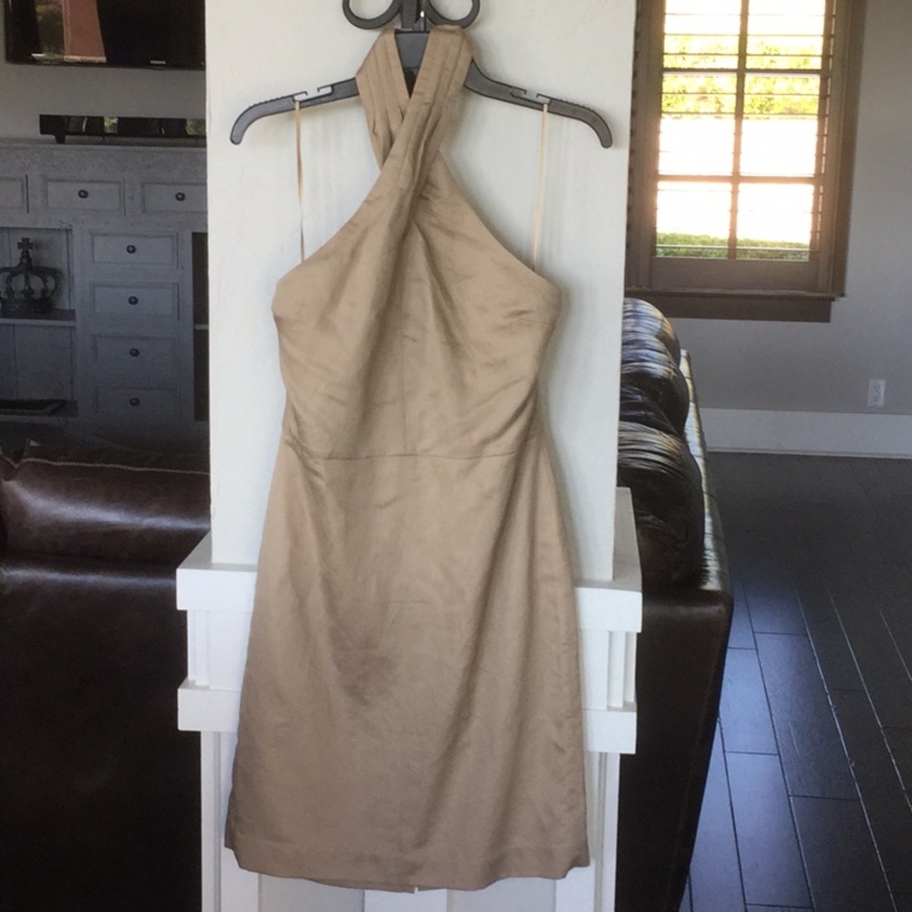 Beige linen halter dress.